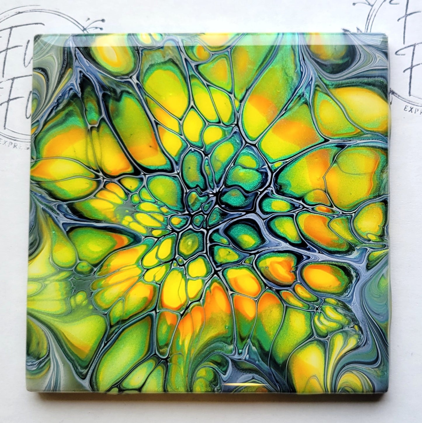 Fluid Art Bloom on a 4.25 inch Tile/Coaster with Cork Bottom