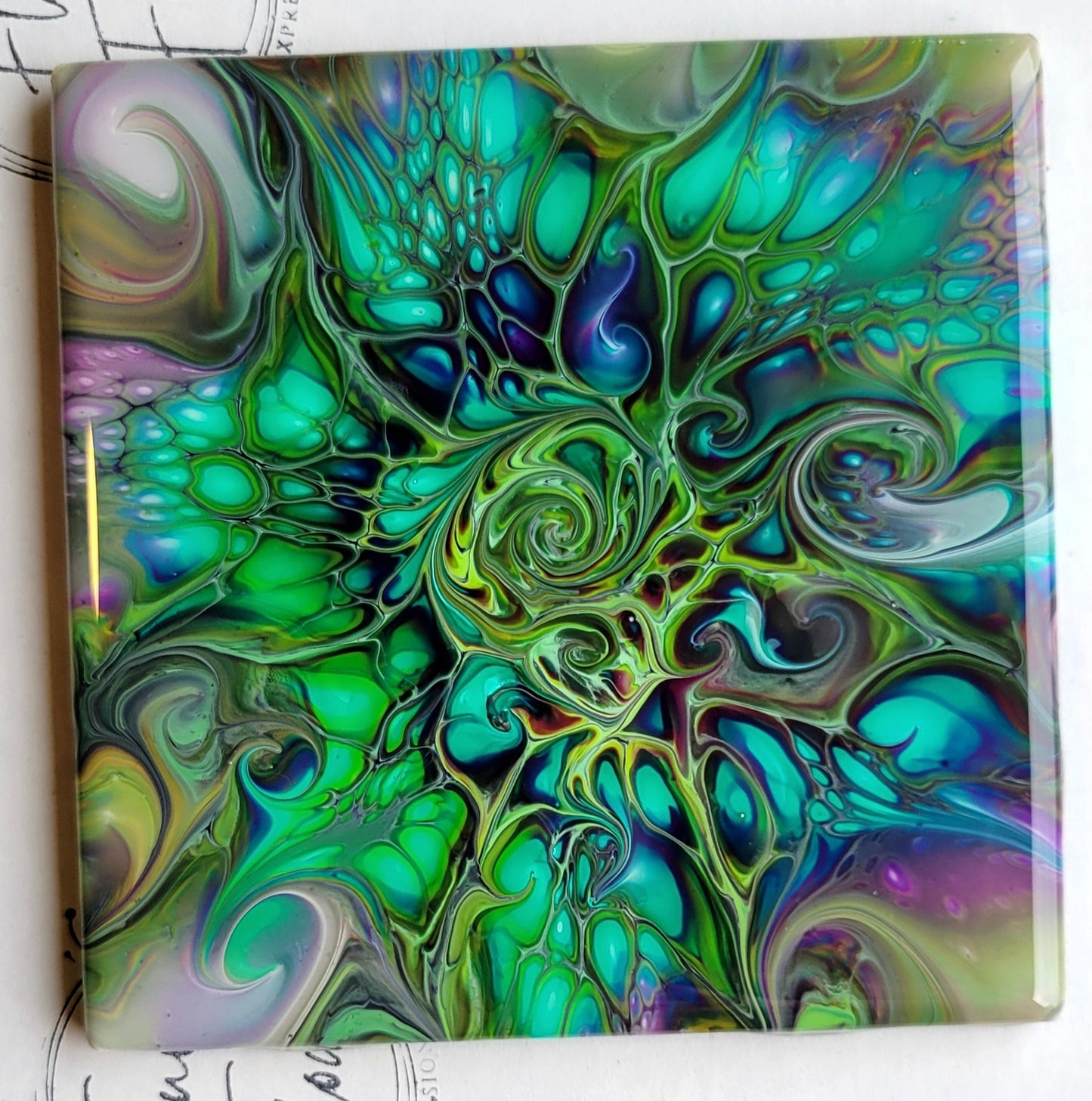 Fluid Art Bloom on a 4.25 inch Tile/Coaster with Cork Bottom