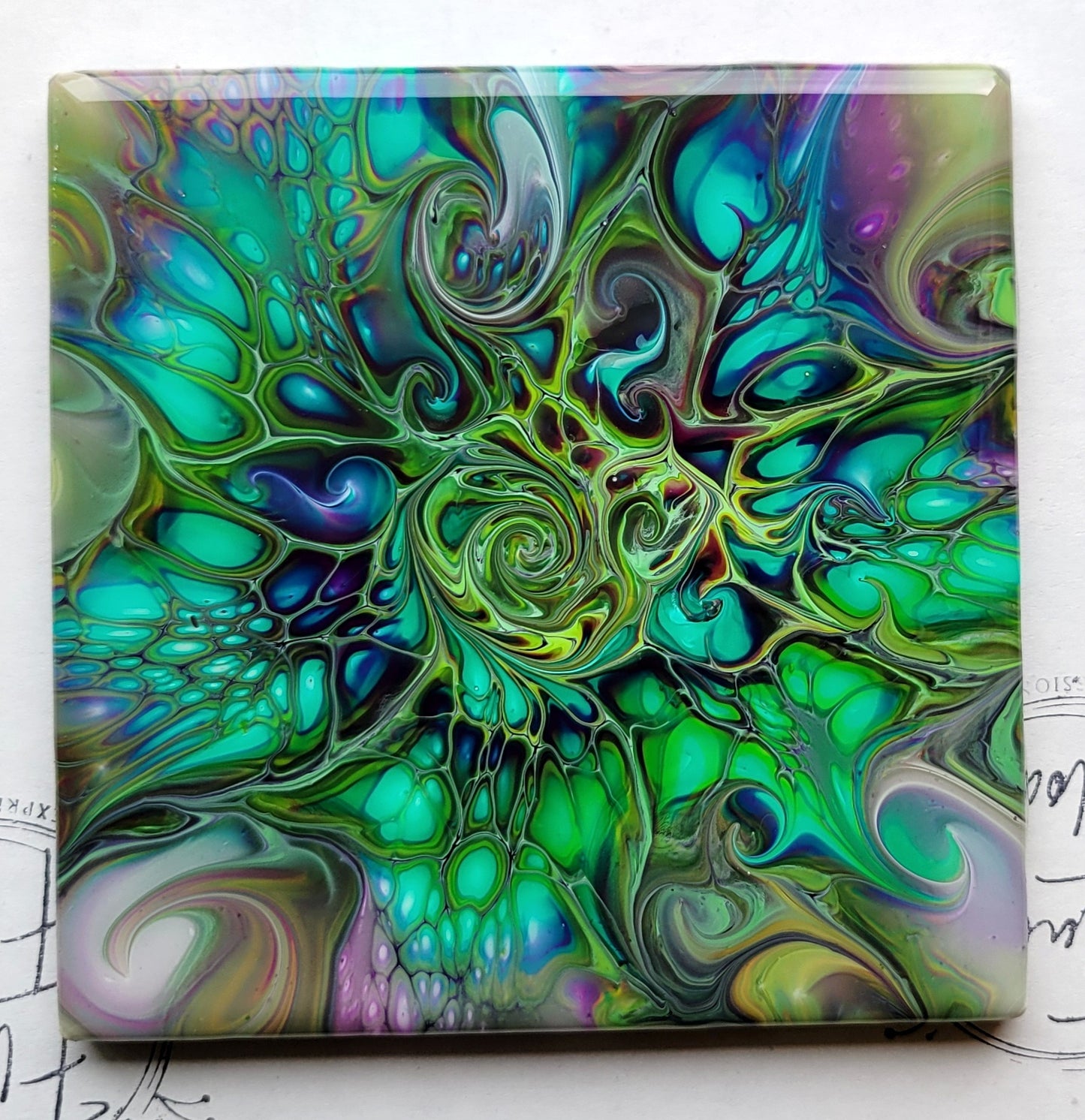 Fluid Art Bloom on a 4.25 inch Tile/Coaster with Cork Bottom