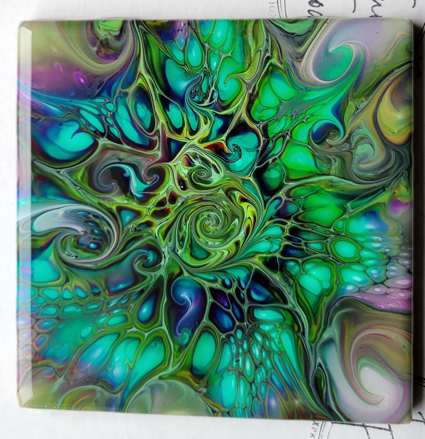 Fluid Art Bloom on a 4.25 inch Tile/Coaster with Cork Bottom