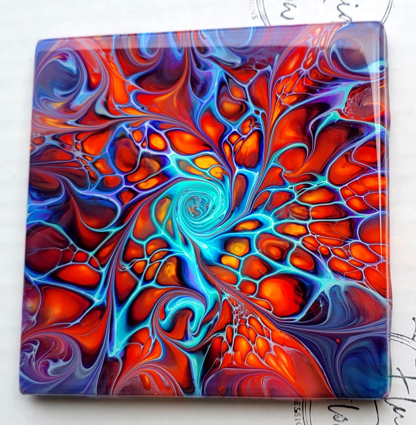 Fluid Art Bloom on a 4.25 inch Tile/Coaster with Cork Bottom