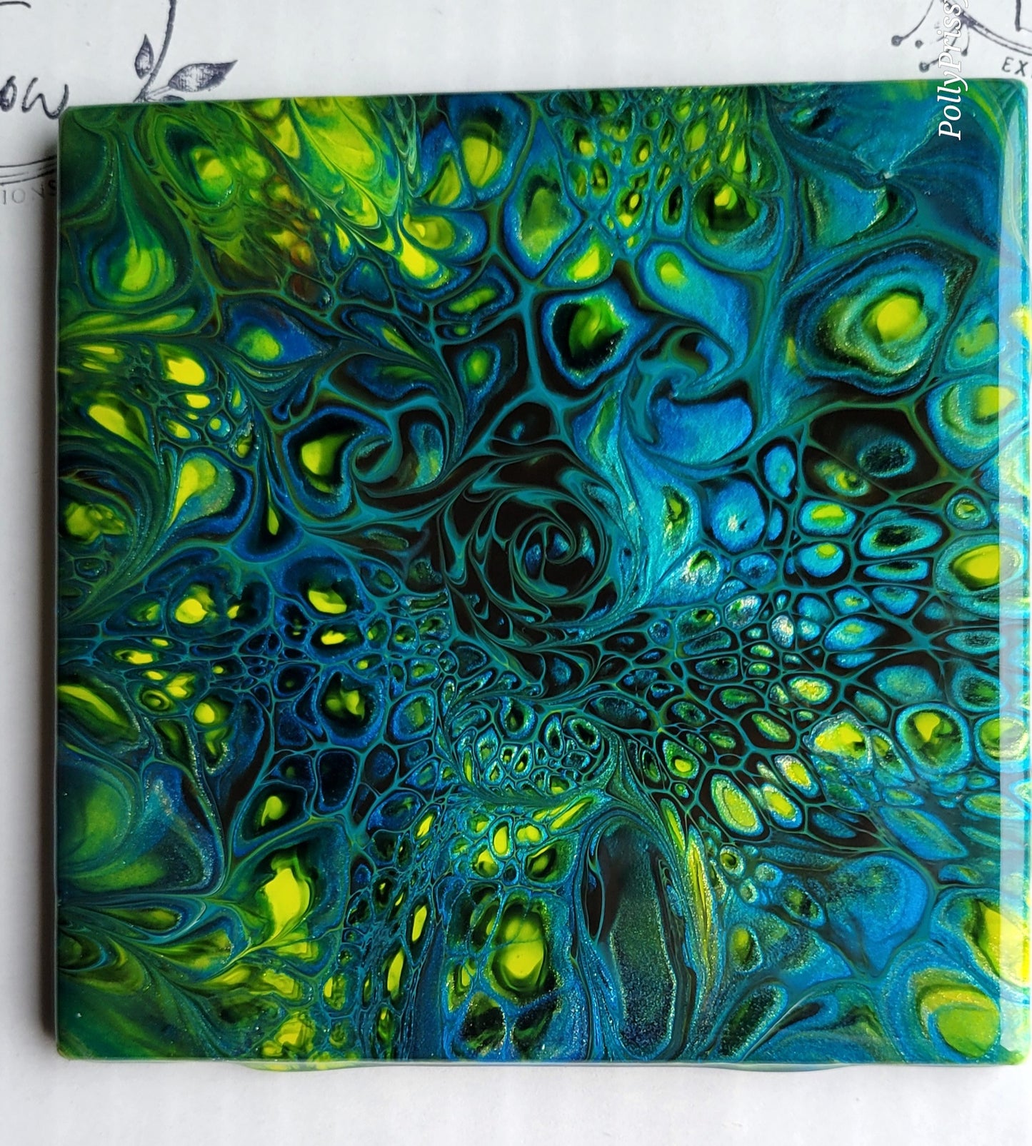 Fluid Art Bloom on a 4.25 inch Tile/Coaster with Cork Bottom