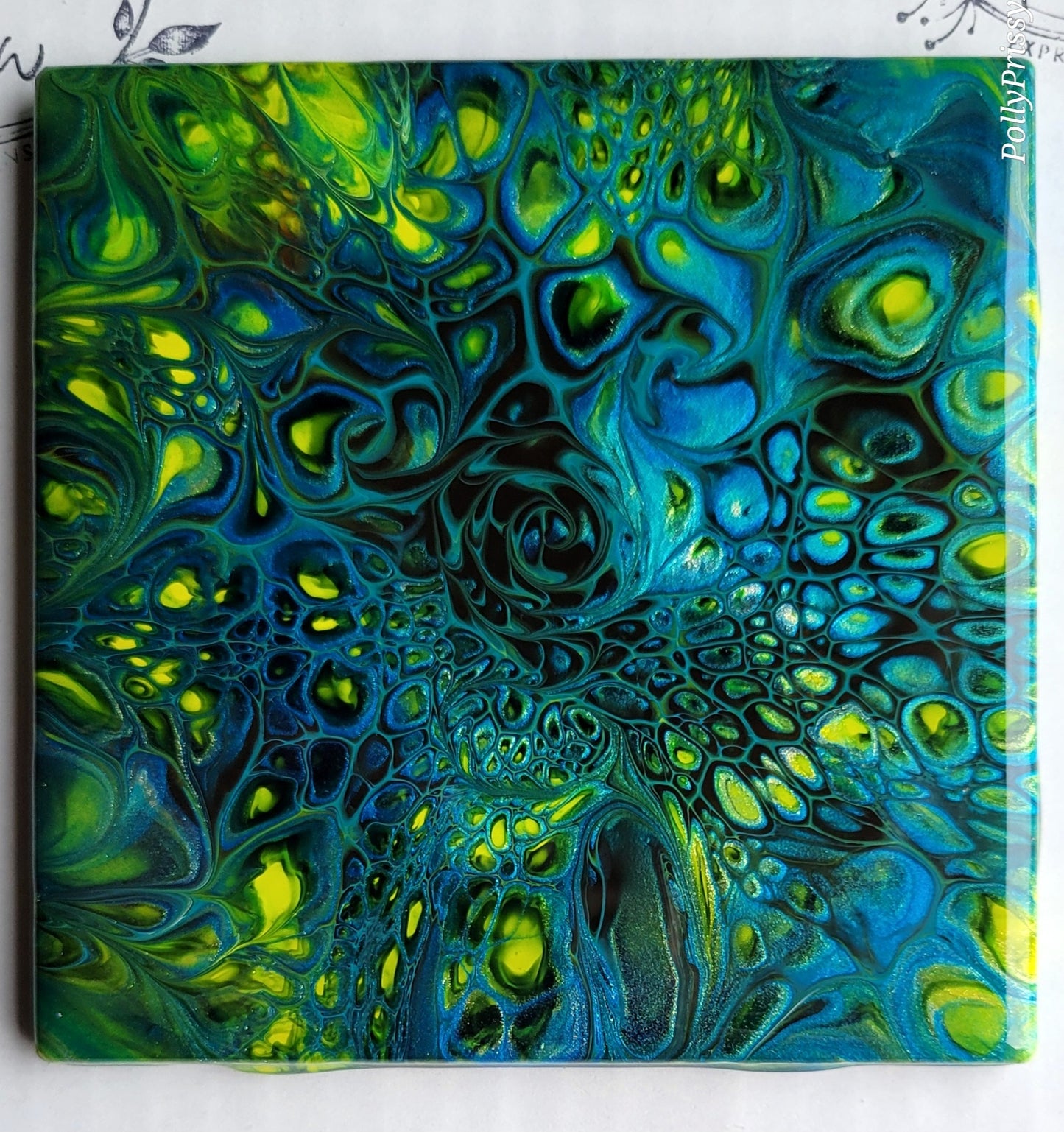 Fluid Art Bloom on a 4.25 inch Tile/Coaster with Cork Bottom