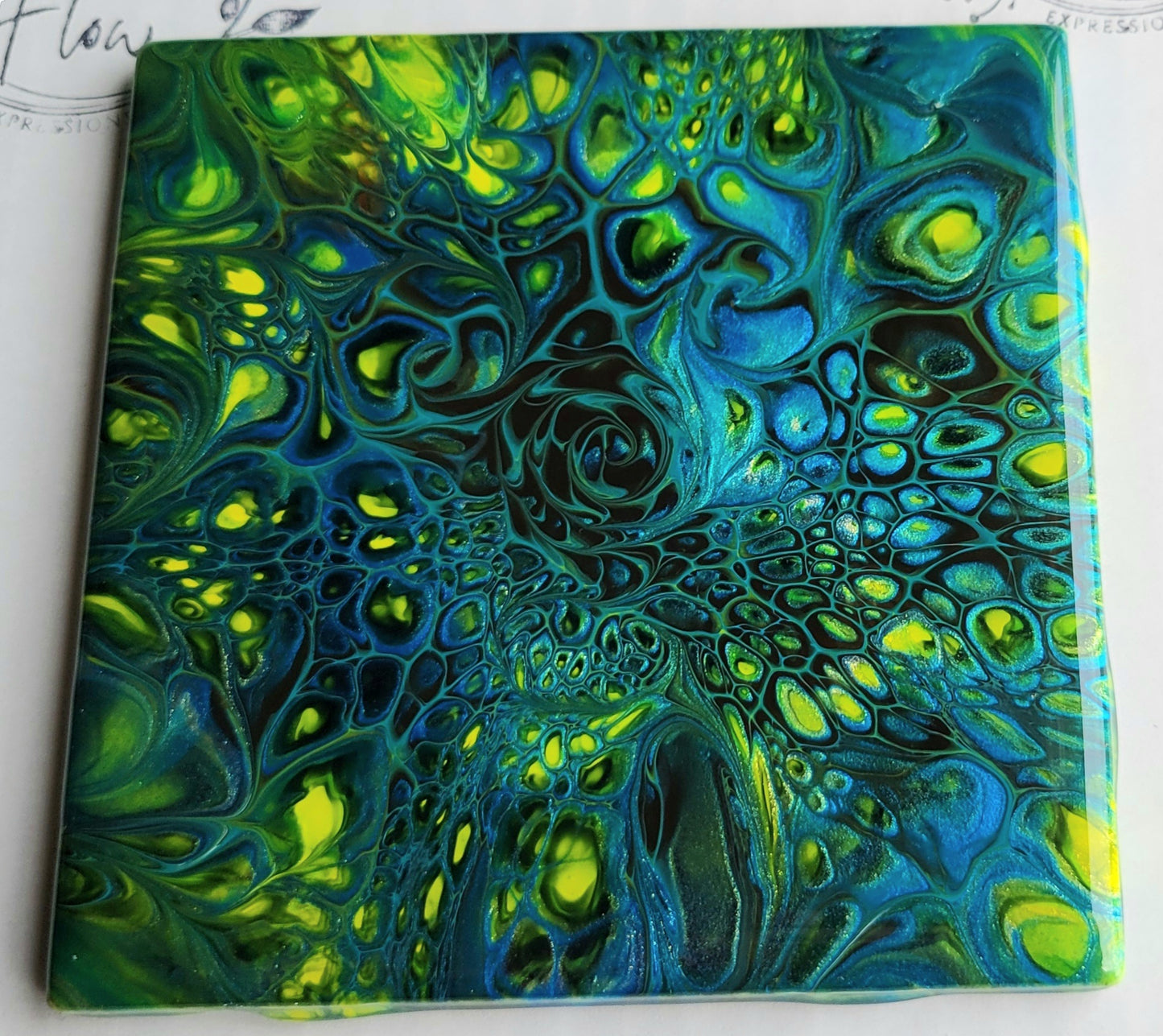 Fluid Art Bloom on a 4.25 inch Tile/Coaster with Cork Bottom