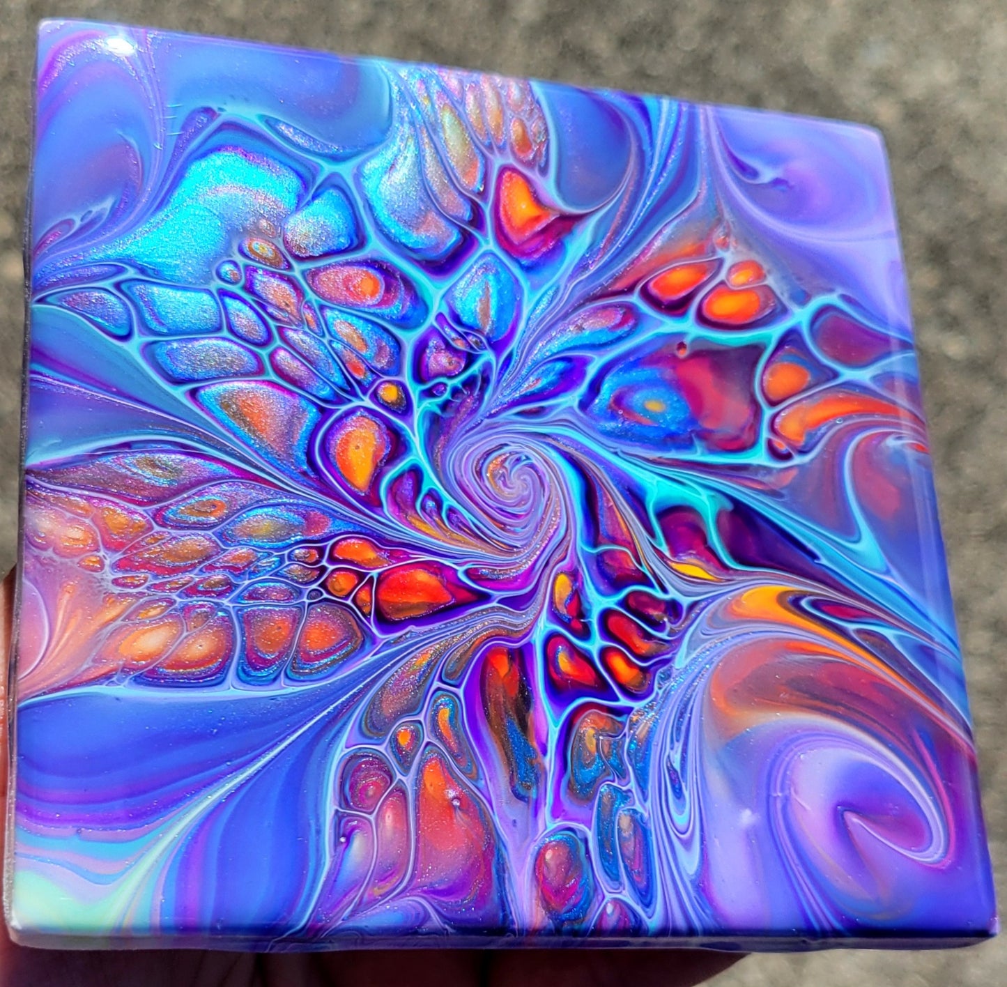 Fluid Art Bloom on a 4.25 inch Tile/Coaster with Cork Bottom