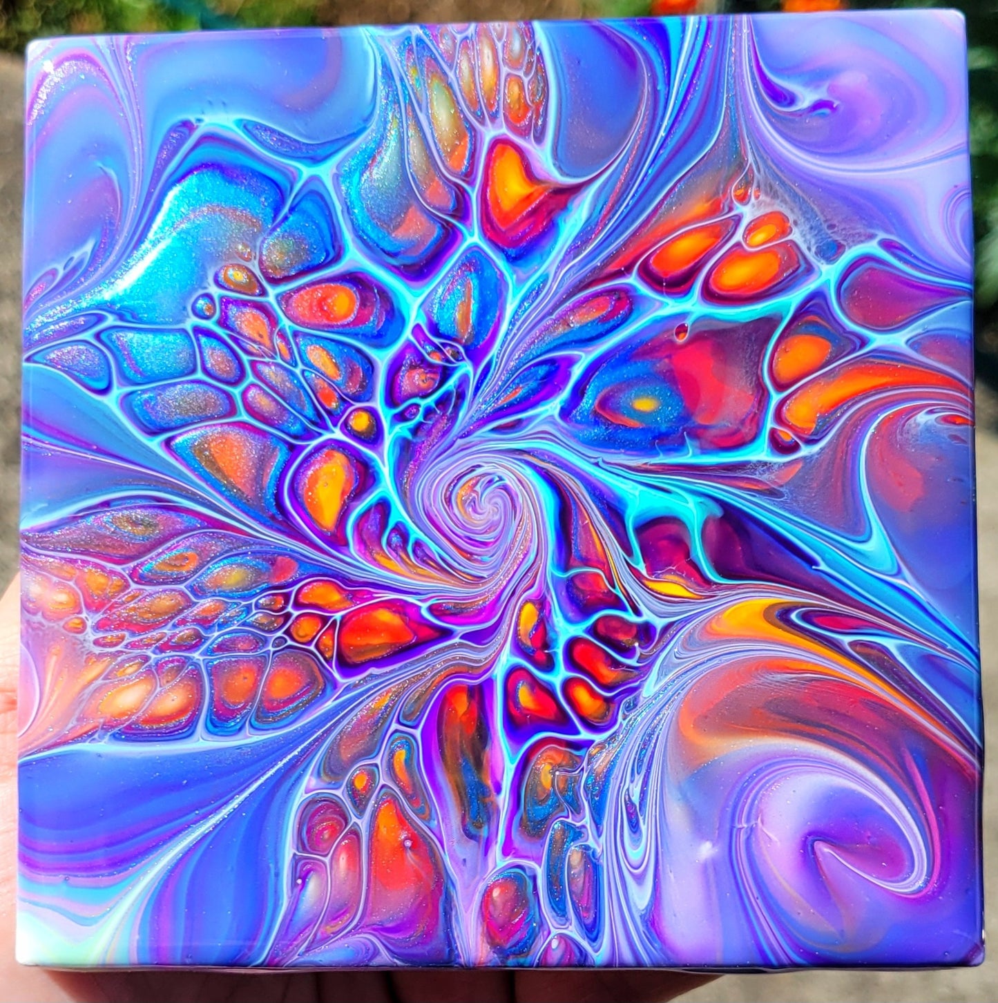 Fluid Art Bloom on a 4.25 inch Tile/Coaster with Cork Bottom