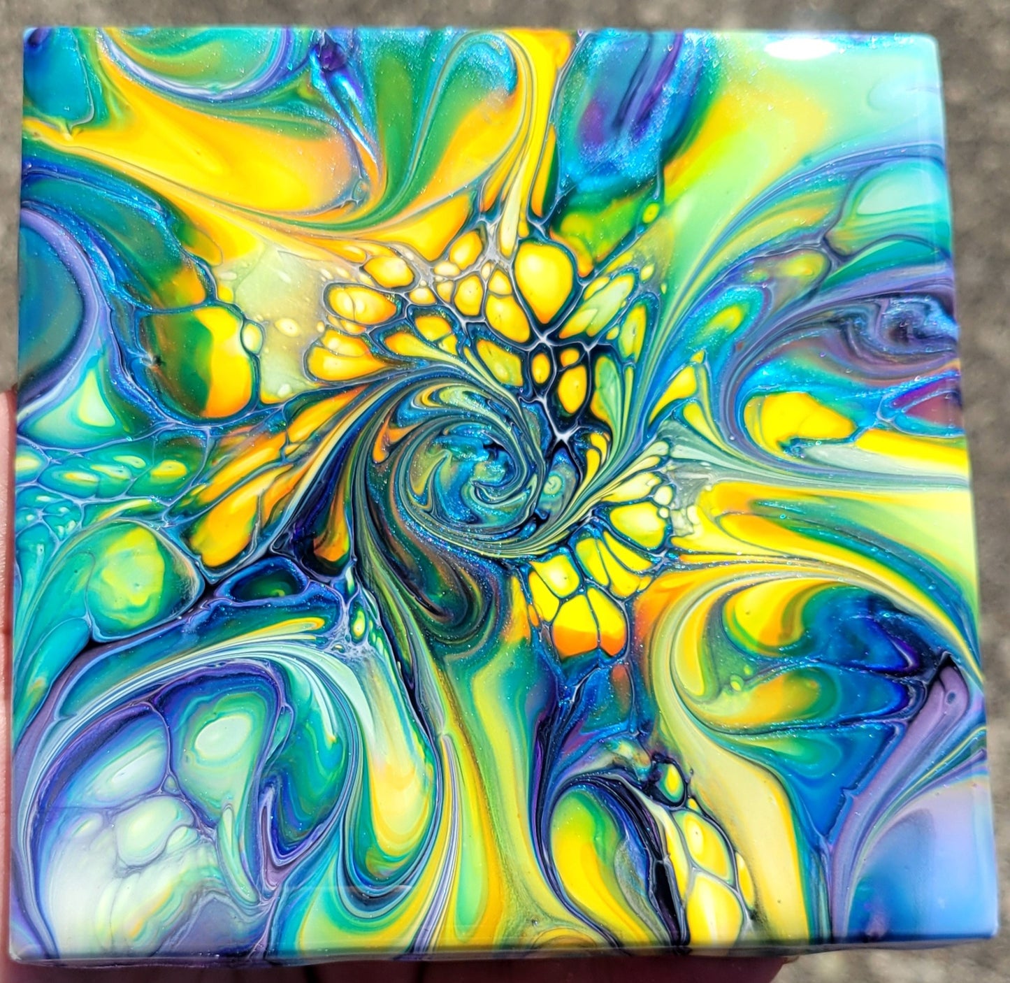 Fluid Art Bloom on a 4.25 inch Tile/Coaster with Cork Bottom