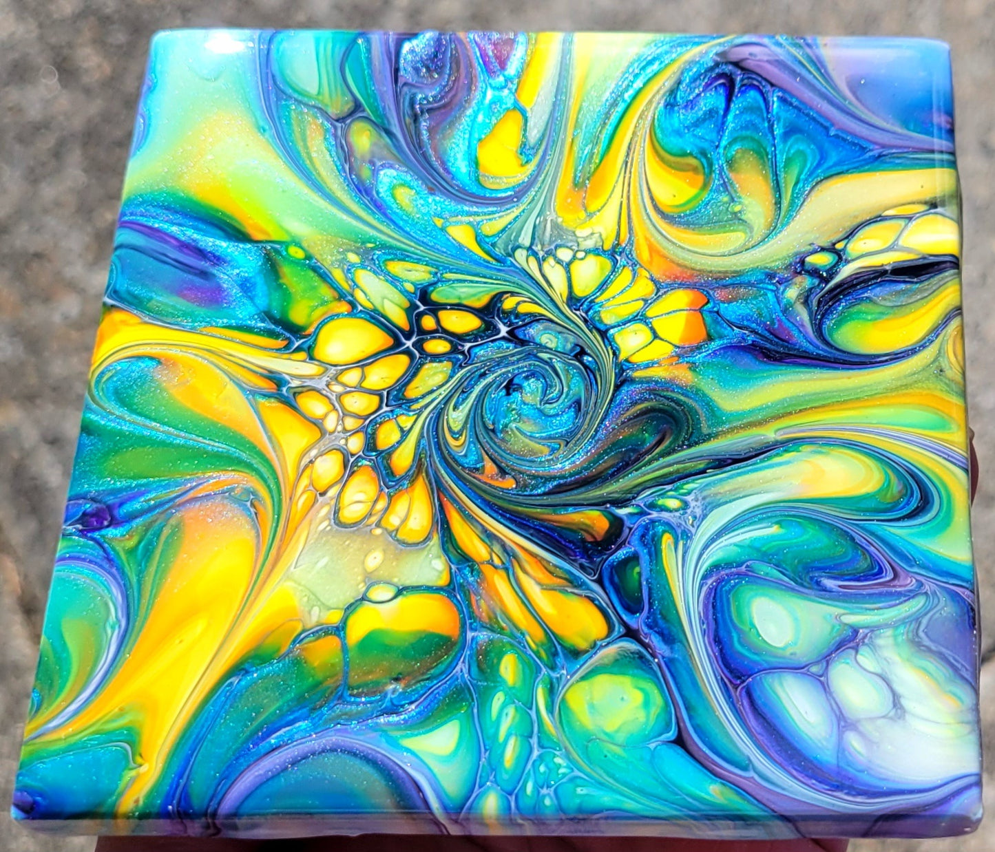 Fluid Art Bloom on a 4.25 inch Tile/Coaster with Cork Bottom