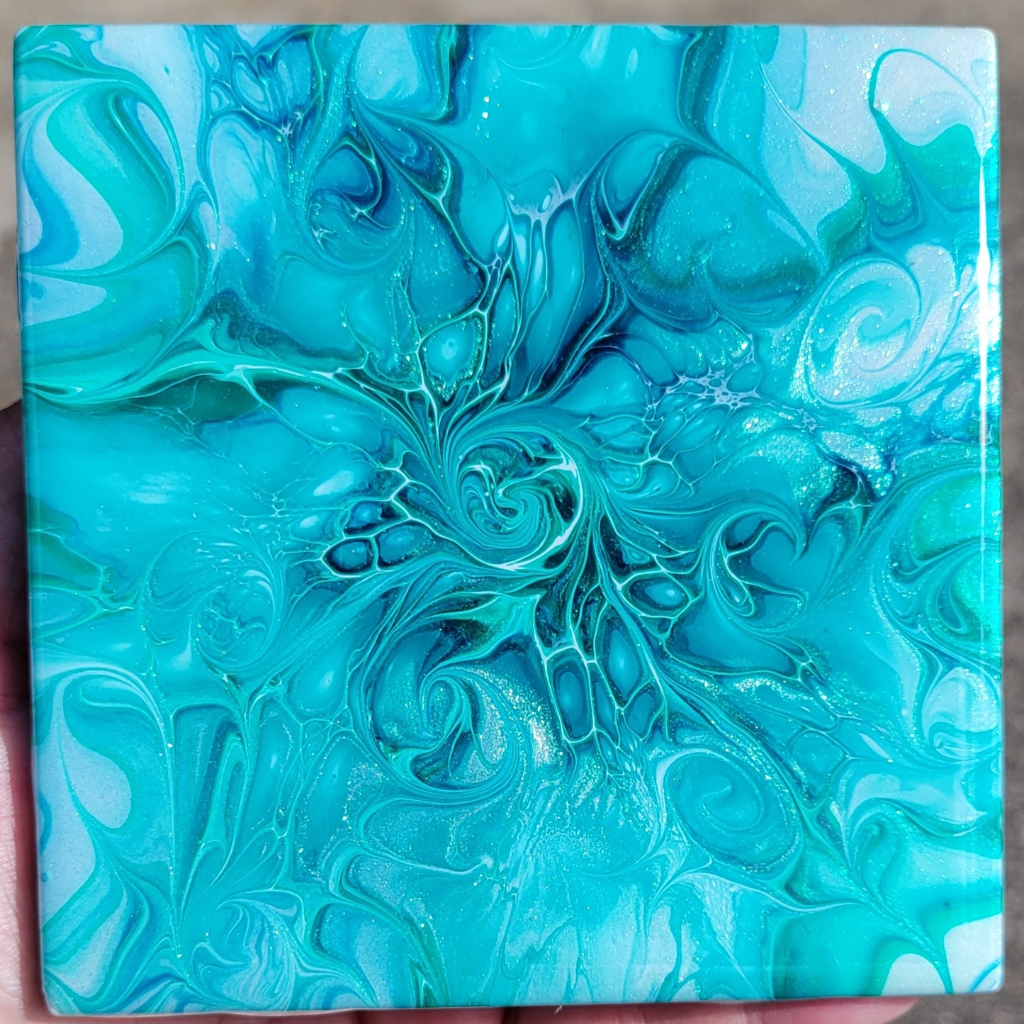 Fluid Art Bloom on a 4.25 inch Tile/Coaster with Cork Bottom