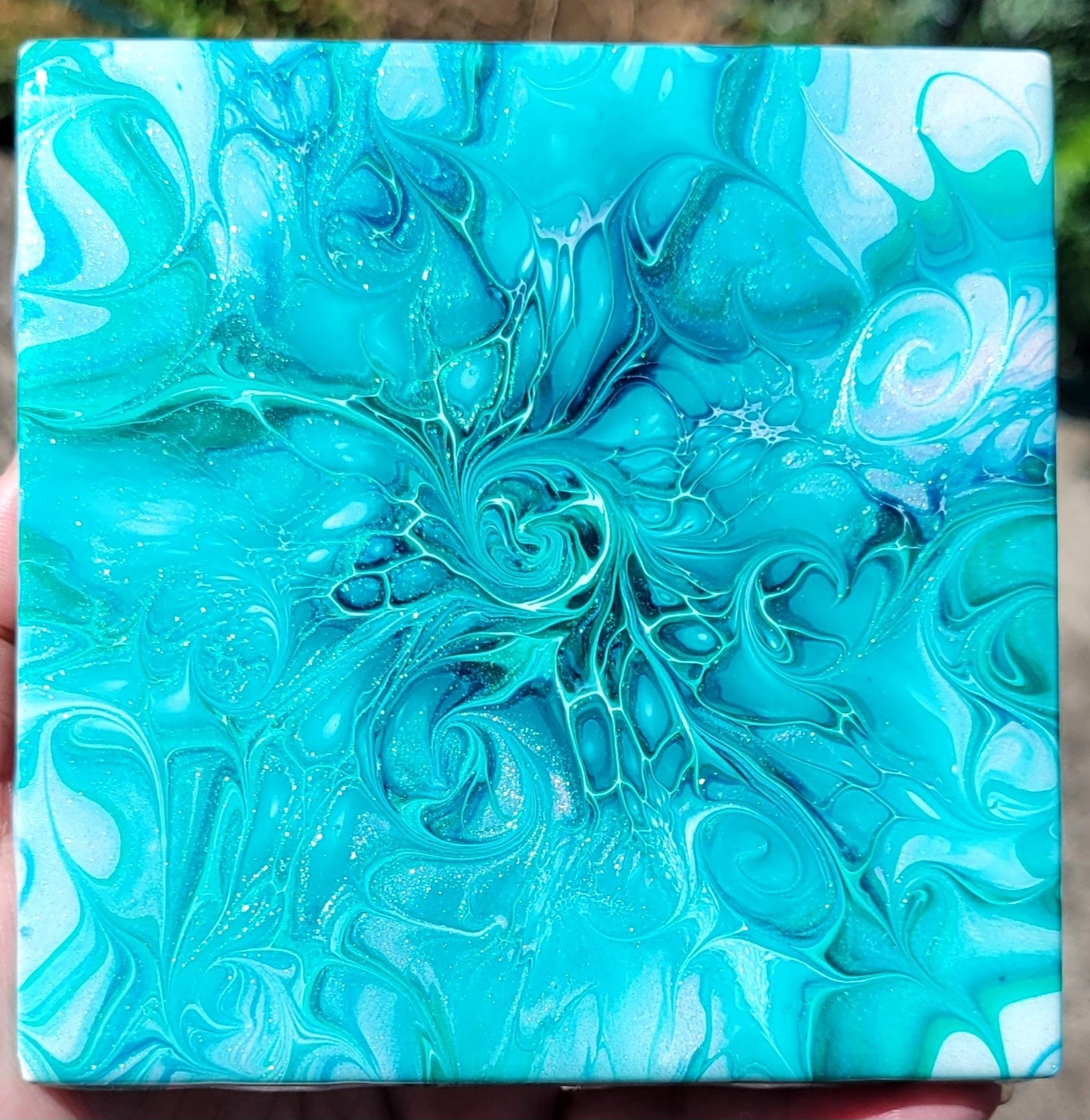 Fluid Art Bloom on a 4.25 inch Tile/Coaster with Cork Bottom