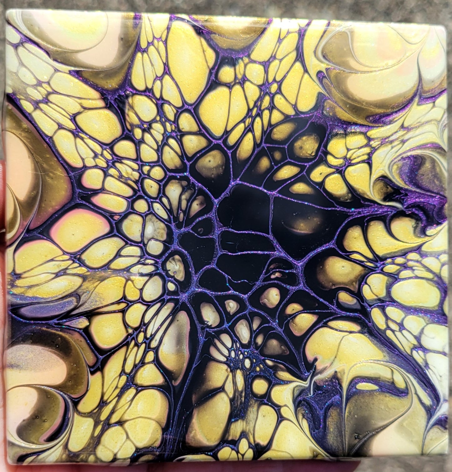 Fluid Art Bloom on a 4.25 inch Tile/Coaster with Cork Bottom