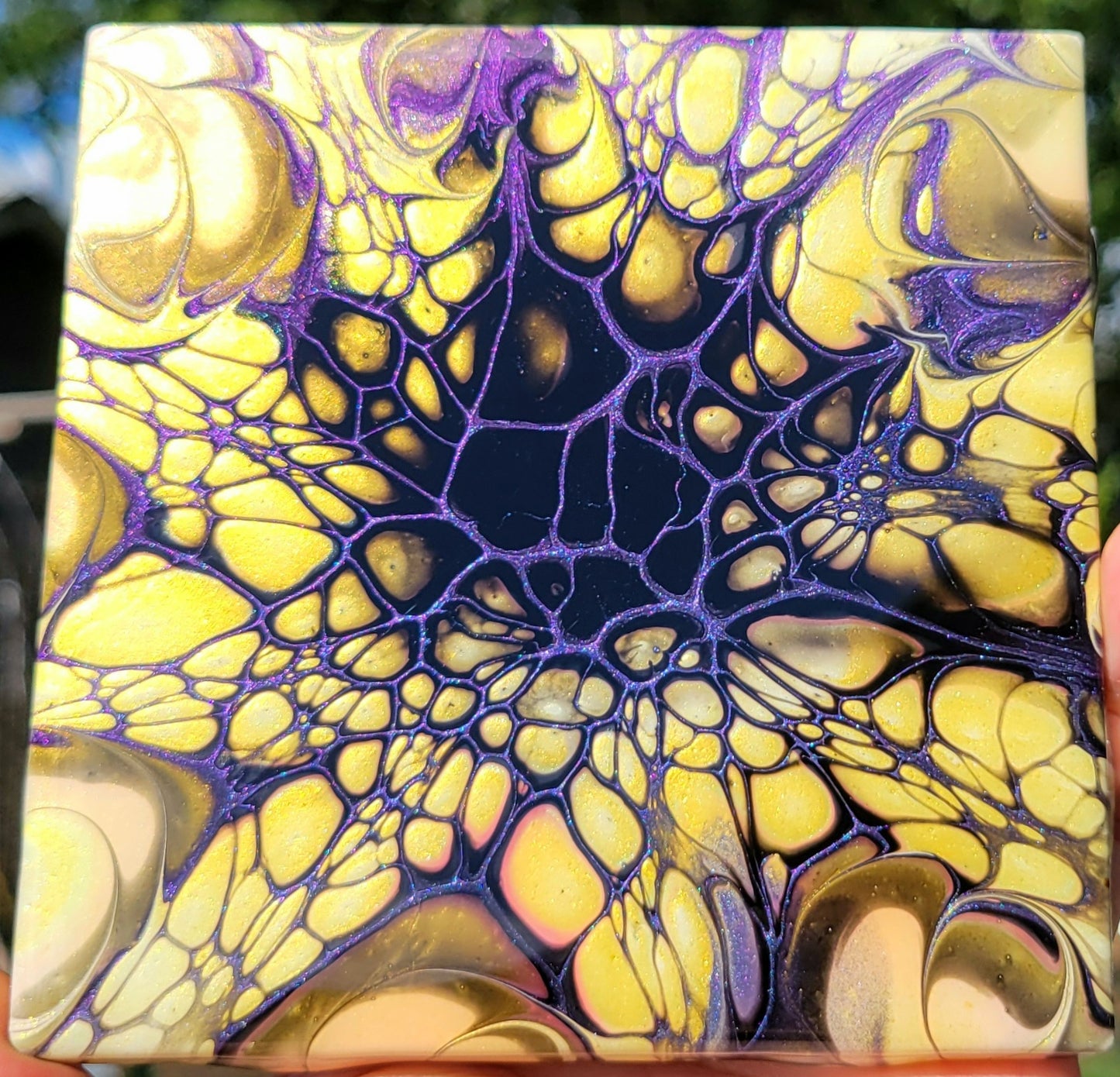 Fluid Art Bloom on a 4.25 inch Tile/Coaster with Cork Bottom