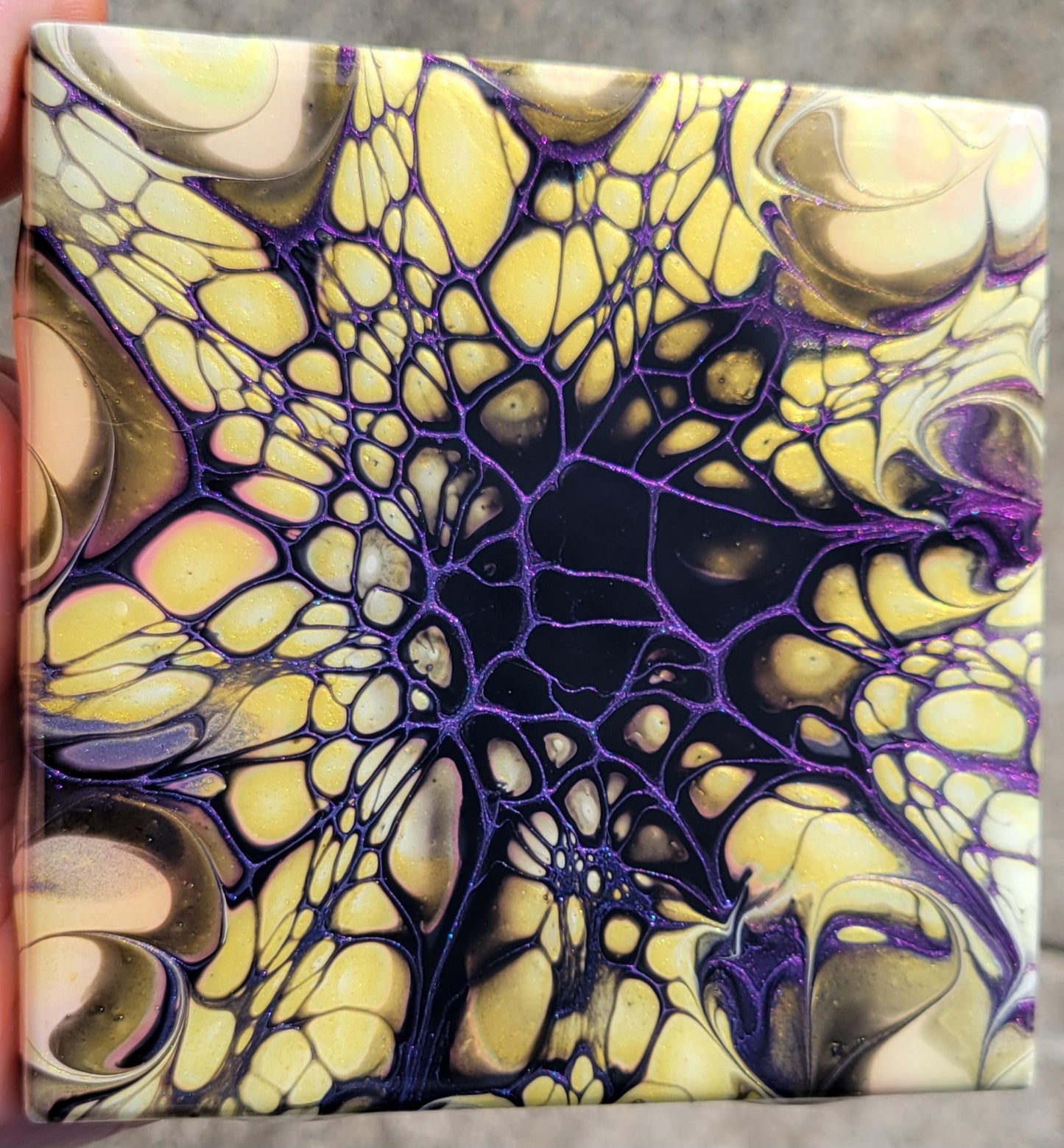 Fluid Art Bloom on a 4.25 inch Tile/Coaster with Cork Bottom