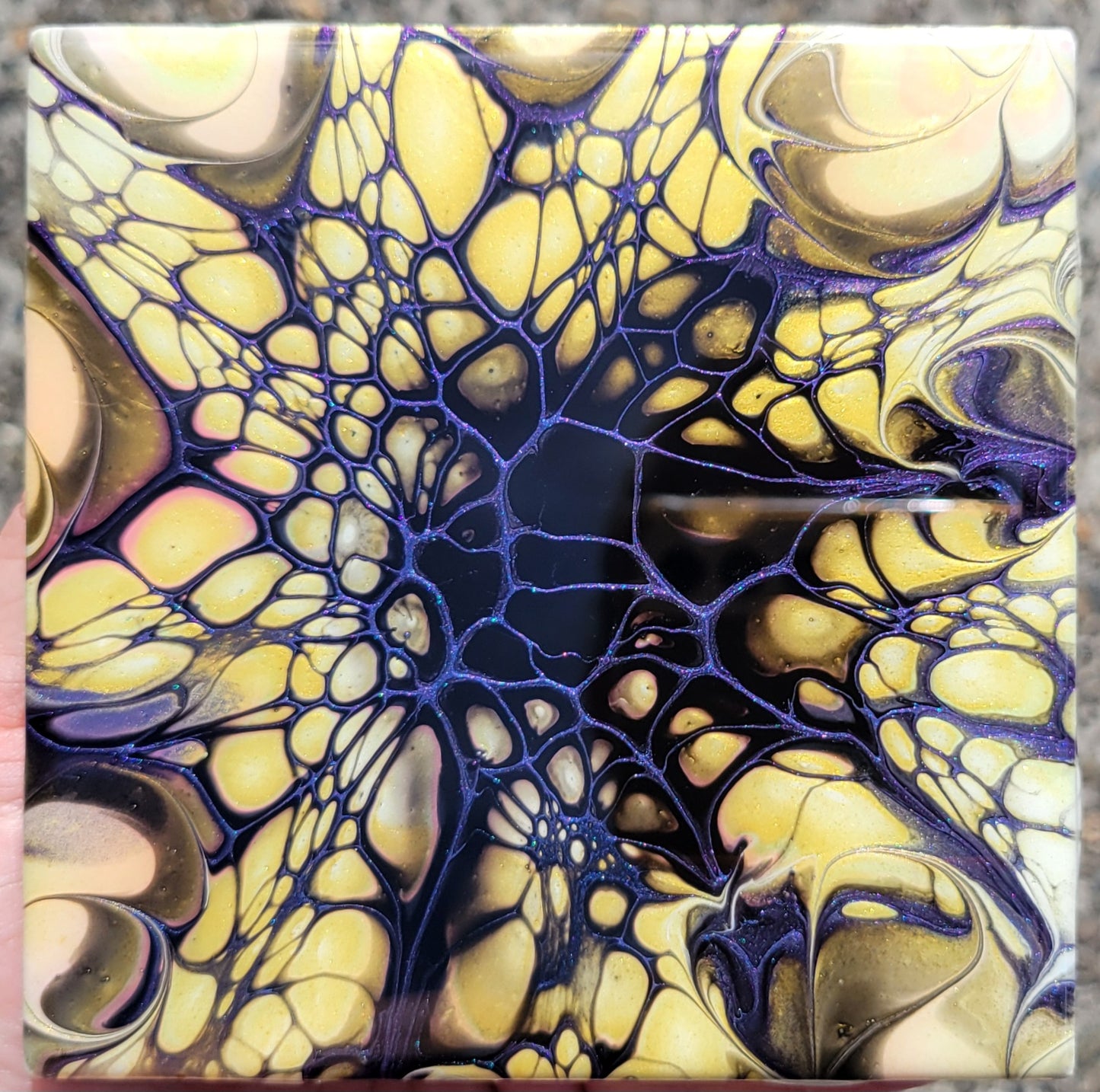 Fluid Art Bloom on a 4.25 inch Tile/Coaster with Cork Bottom