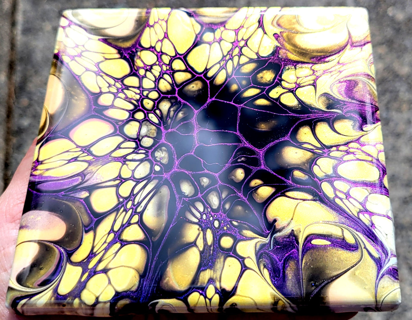 Fluid Art Bloom on a 4.25 inch Tile/Coaster with Cork Bottom