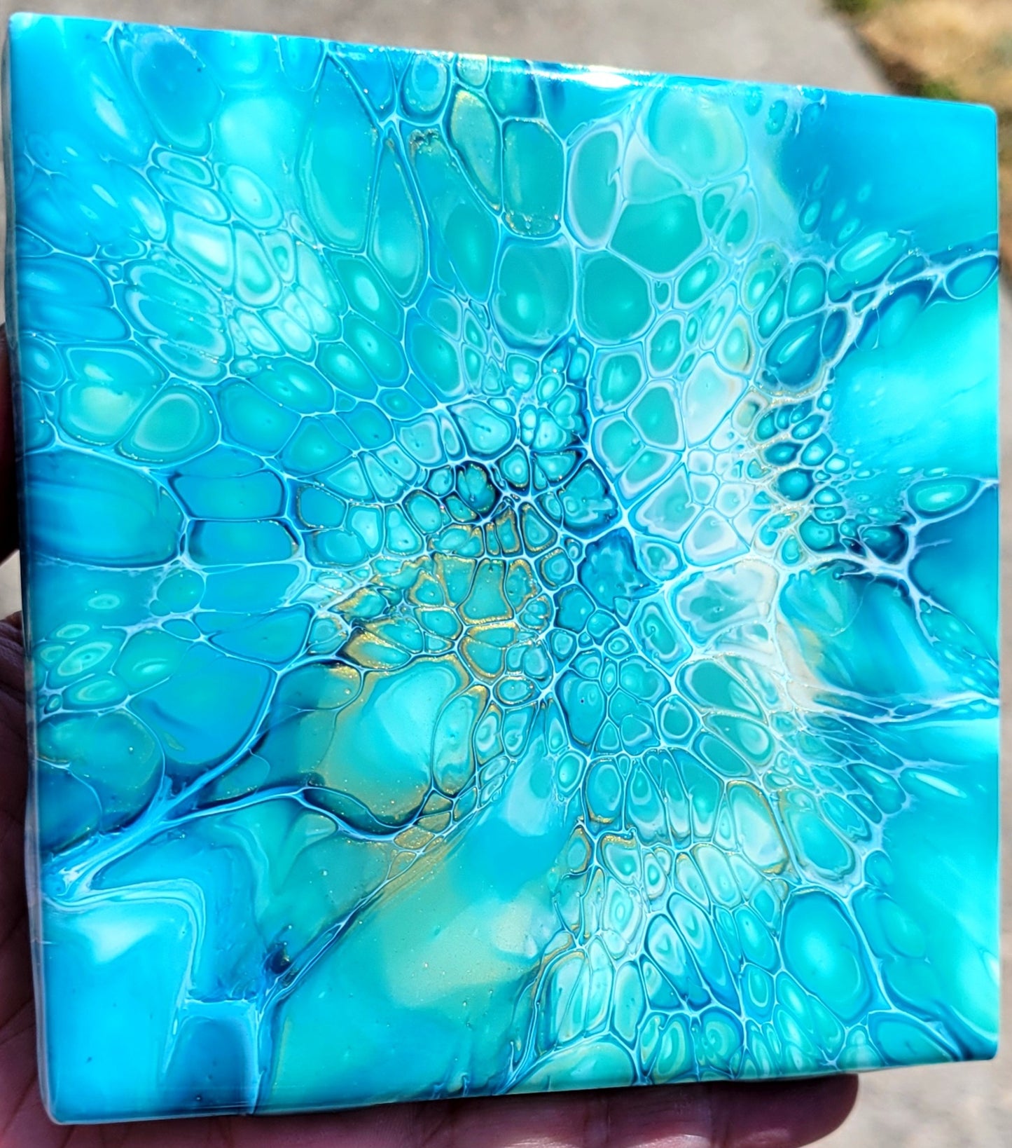 Fluid Art Bloom on a 4.25 inch Tile/Coaster with Cork Bottom