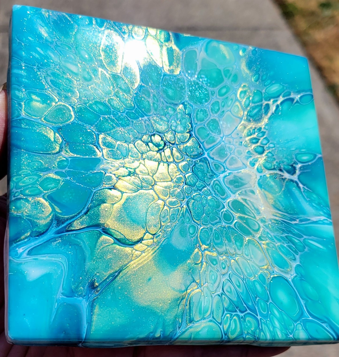 Fluid Art Bloom on a 4.25 inch Tile/Coaster with Cork Bottom