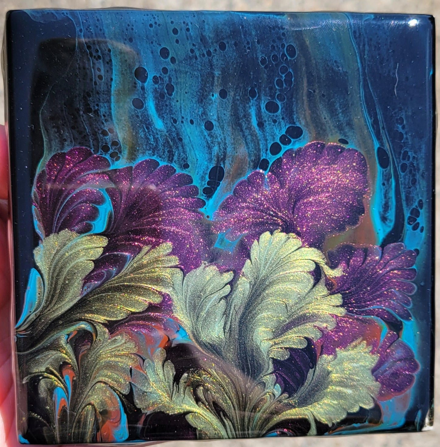 Fluid Art Bloom on a 4.25 inch Tile/Coaster with Cork Bottom