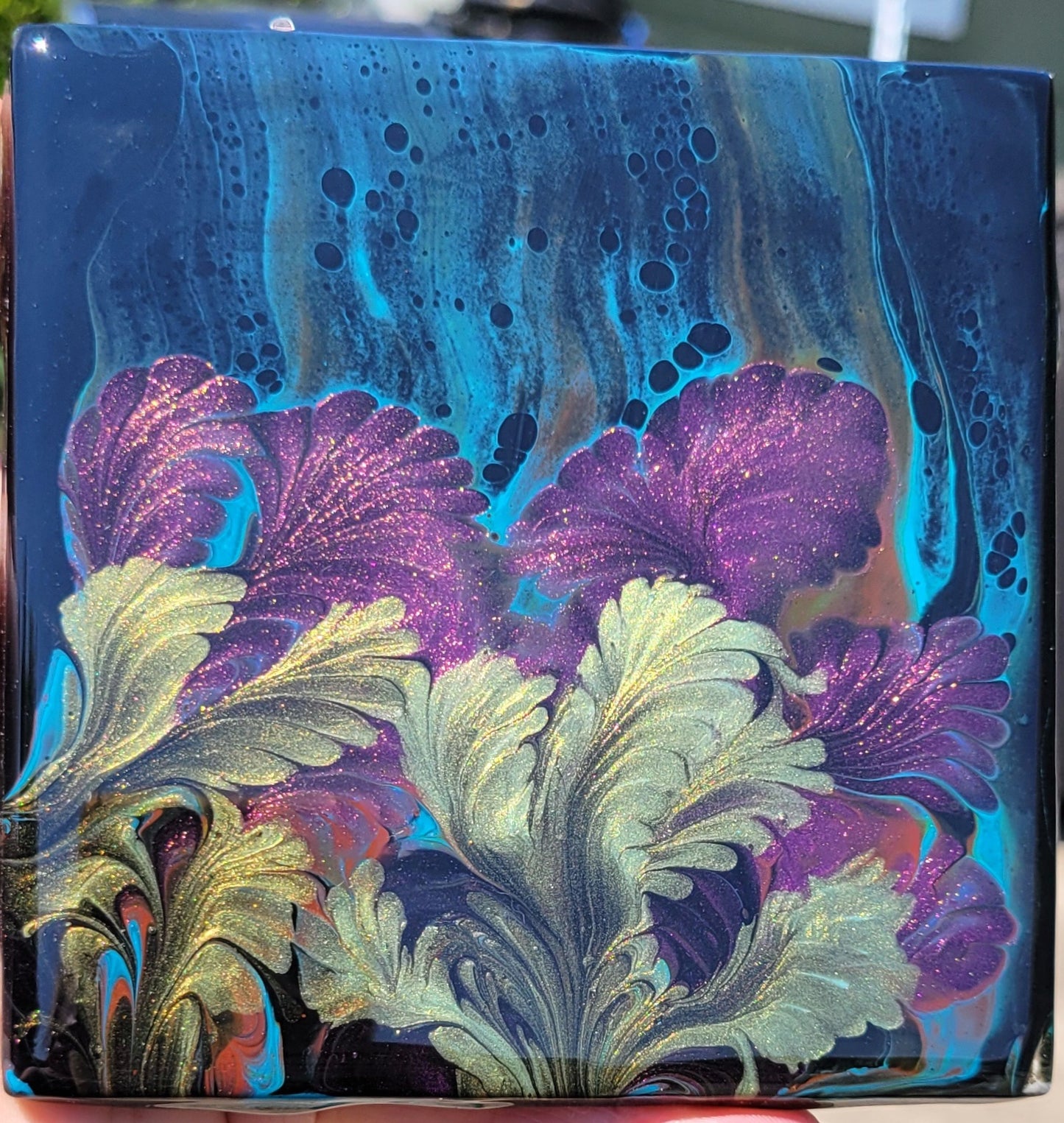 Fluid Art Bloom on a 4.25 inch Tile/Coaster with Cork Bottom