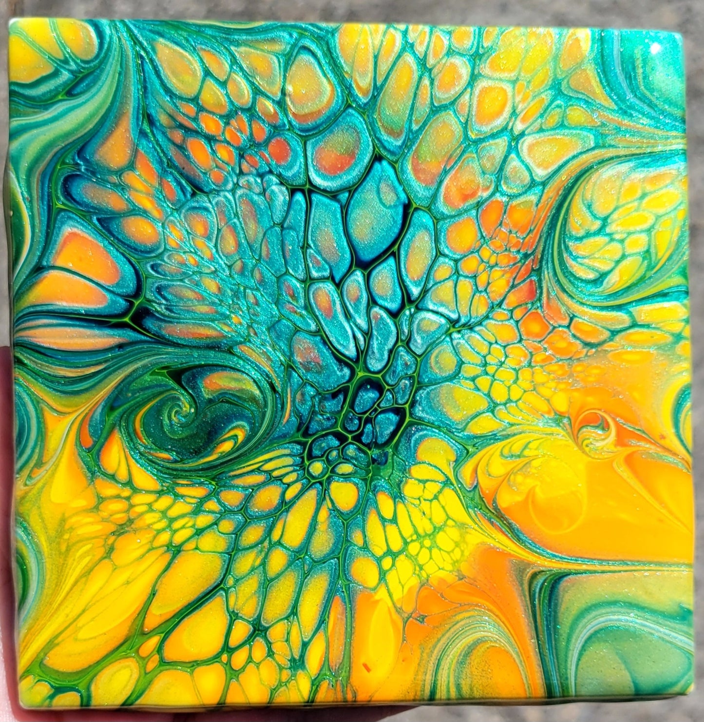 Fluid Art Bloom on a 4.25 inch Tile/Coaster with Cork Bottom