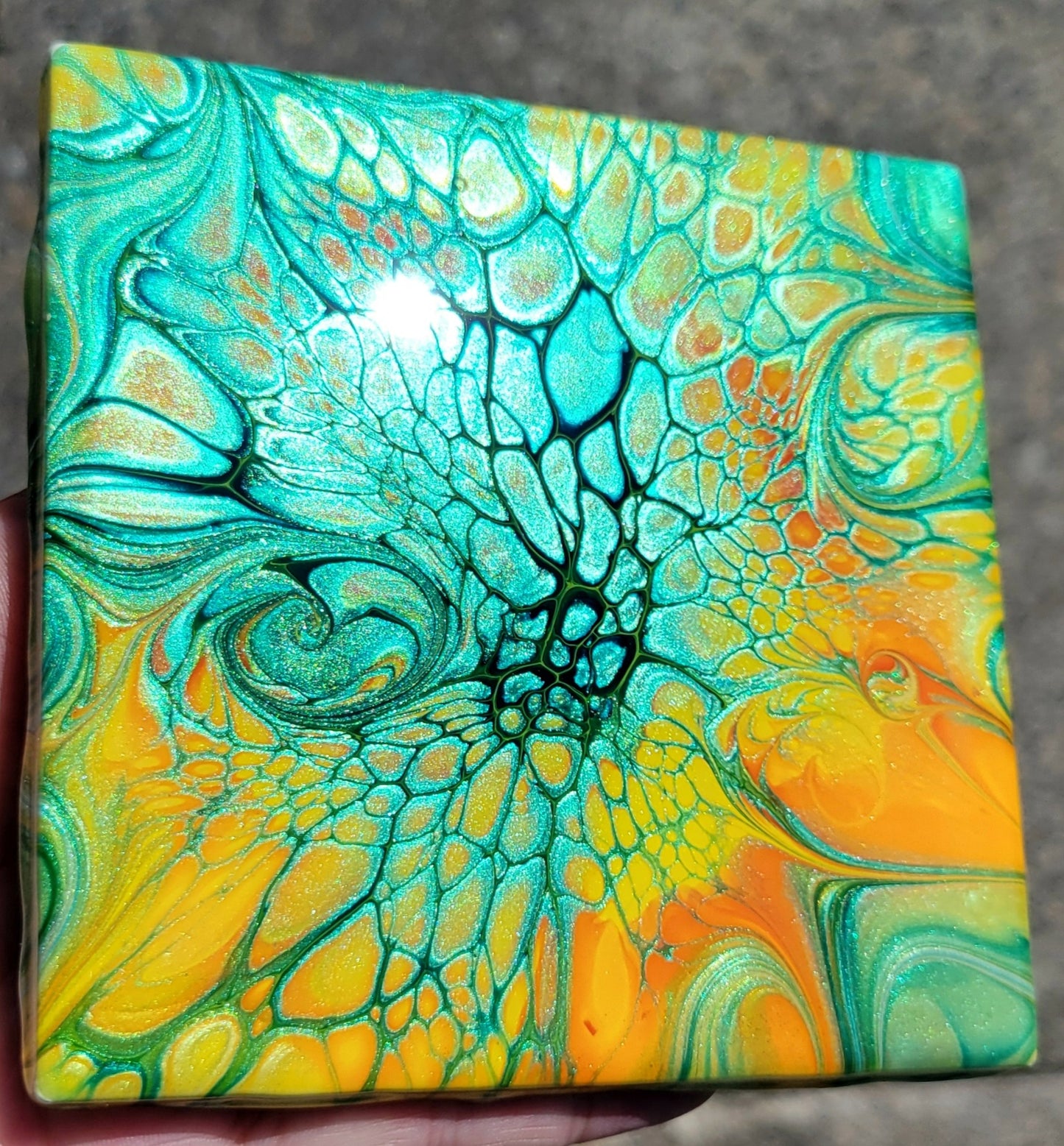 Fluid Art Bloom on a 4.25 inch Tile/Coaster with Cork Bottom