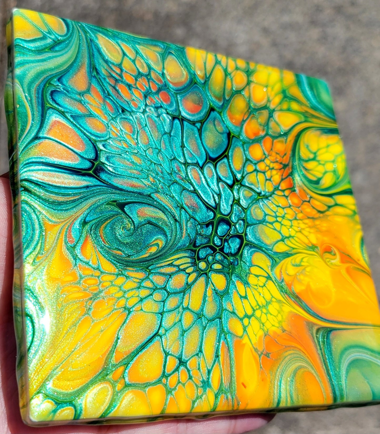 Fluid Art Bloom on a 4.25 inch Tile/Coaster with Cork Bottom