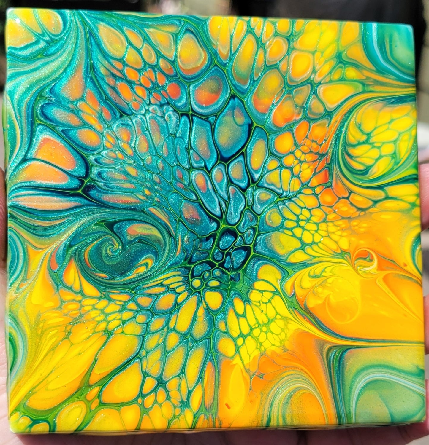 Fluid Art Bloom on a 4.25 inch Tile/Coaster with Cork Bottom