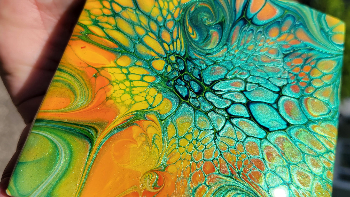 Fluid Art Bloom on a 4.25 inch Tile/Coaster with Cork Bottom