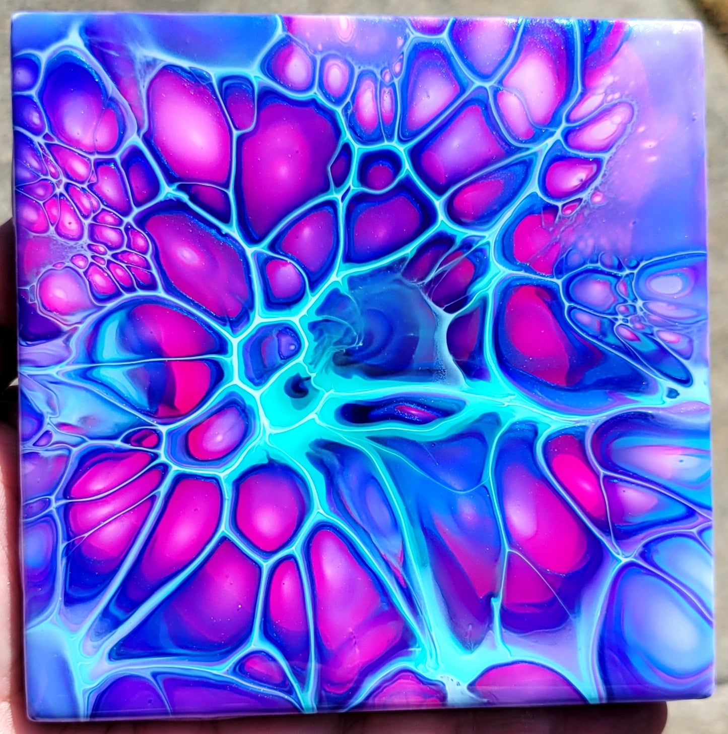 Fluid Art Bloom on a 4.25 inch Tile/Coaster with Cork Bottom