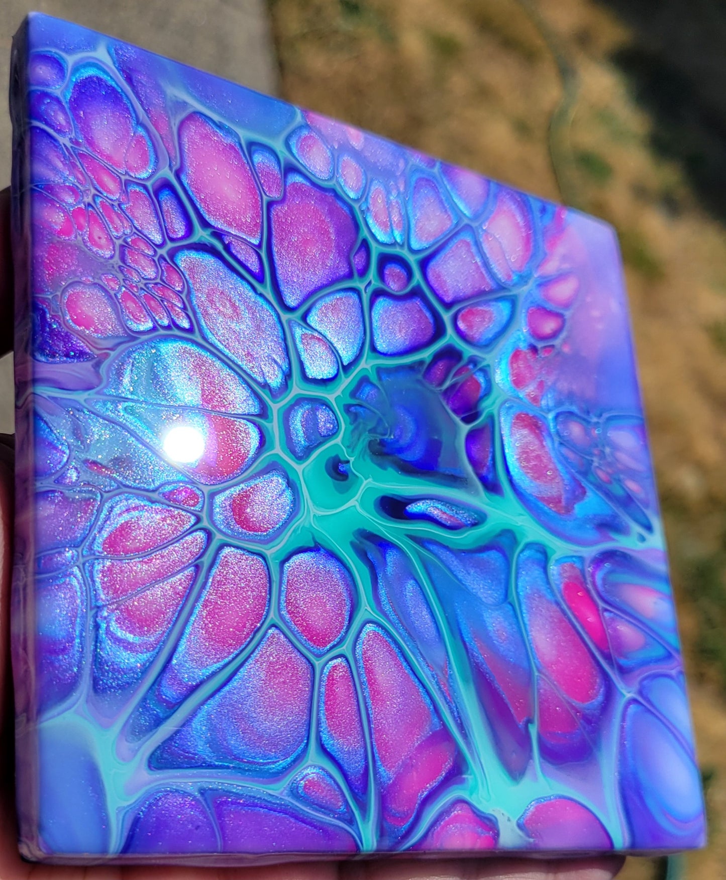 Fluid Art Bloom on a 4.25 inch Tile/Coaster with Cork Bottom