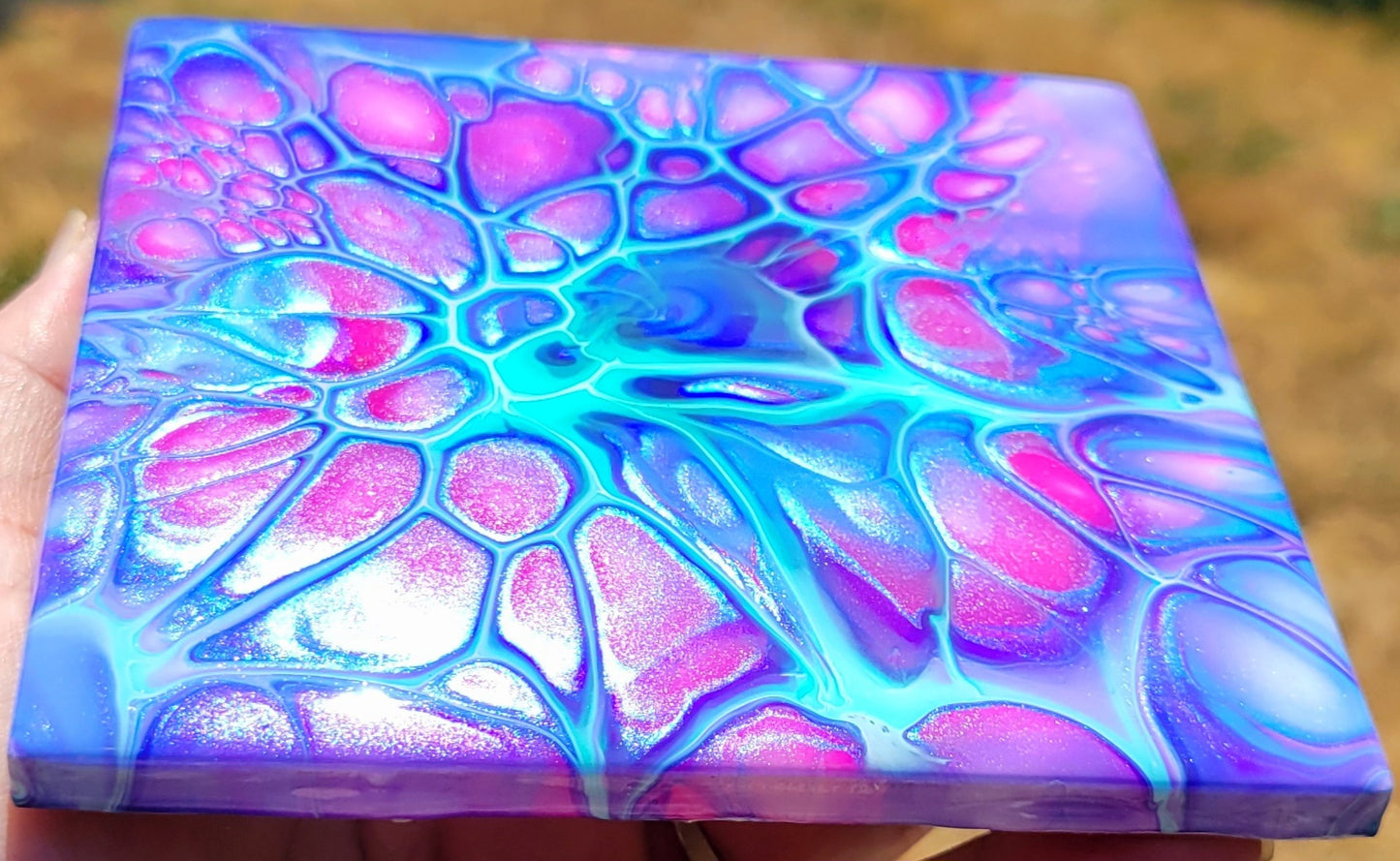 Fluid Art Bloom on a 4.25 inch Tile/Coaster with Cork Bottom