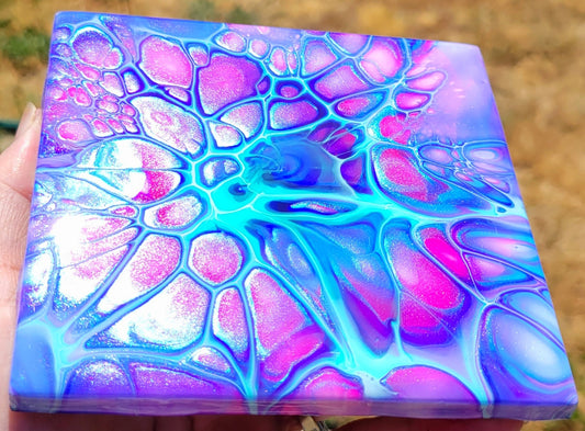 Fluid Art Bloom on a 4.25 inch Tile/Coaster with Cork Bottom