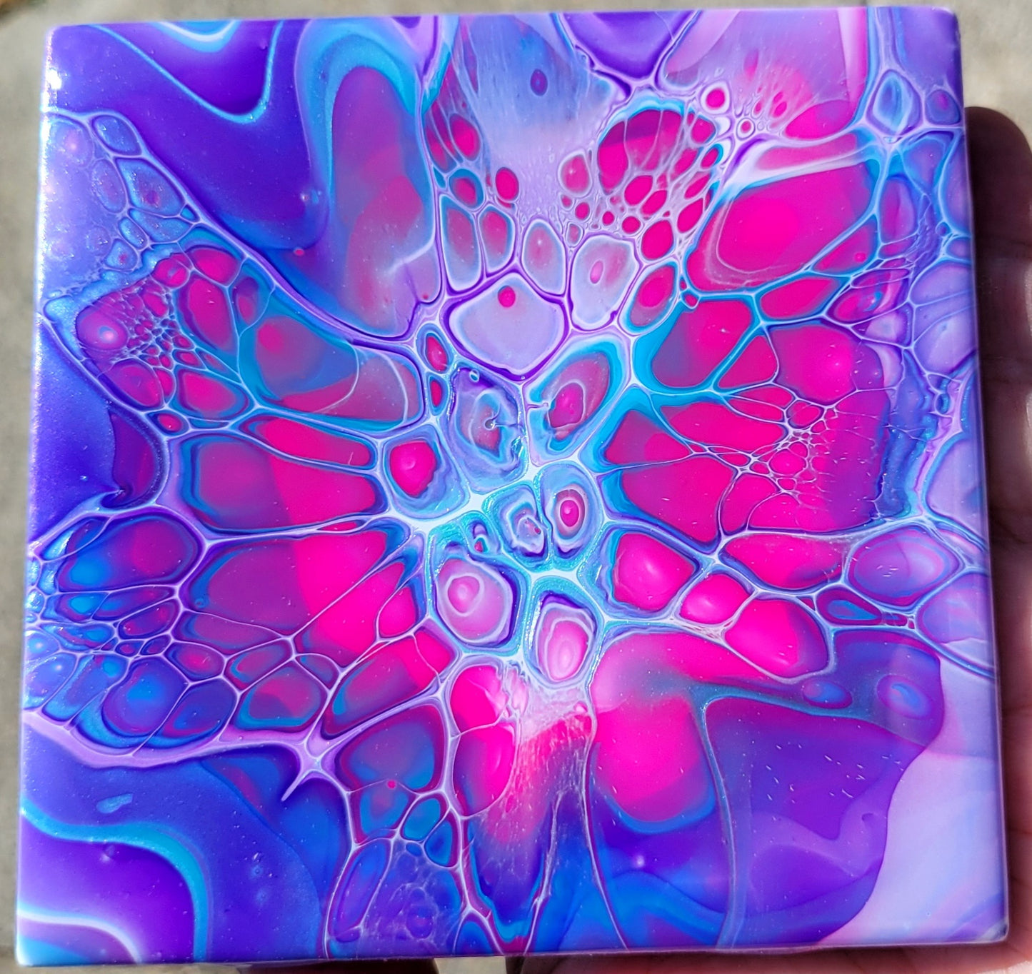 Fluid Art Bloom on a 4.25 inch Tile/Coaster with Cork Bottom