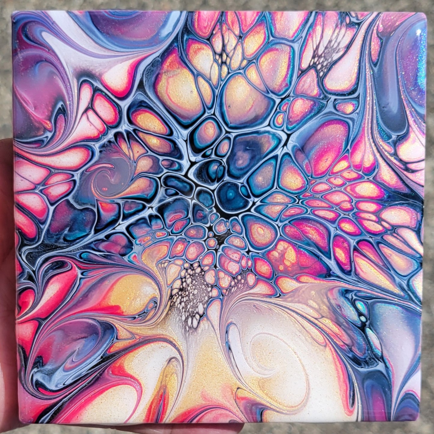 Fluid Art Bloom on a 4.25 inch Tile/Coaster with Cork Bottom