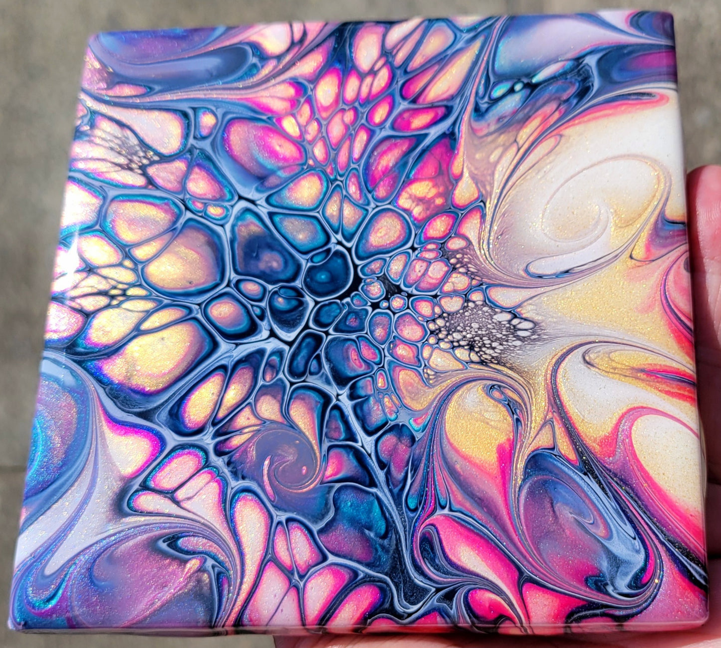 Fluid Art Bloom on a 4.25 inch Tile/Coaster with Cork Bottom