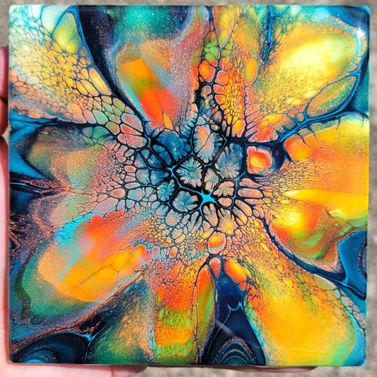 Fluid Art Bloom on a 4.25 inch Tile/Coaster with Cork Bottom