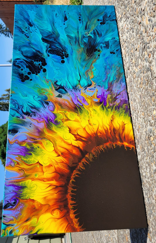 Original Fluid Art Sunflower Painting 12x24 inch Gallery Wrapped Deep Canvas