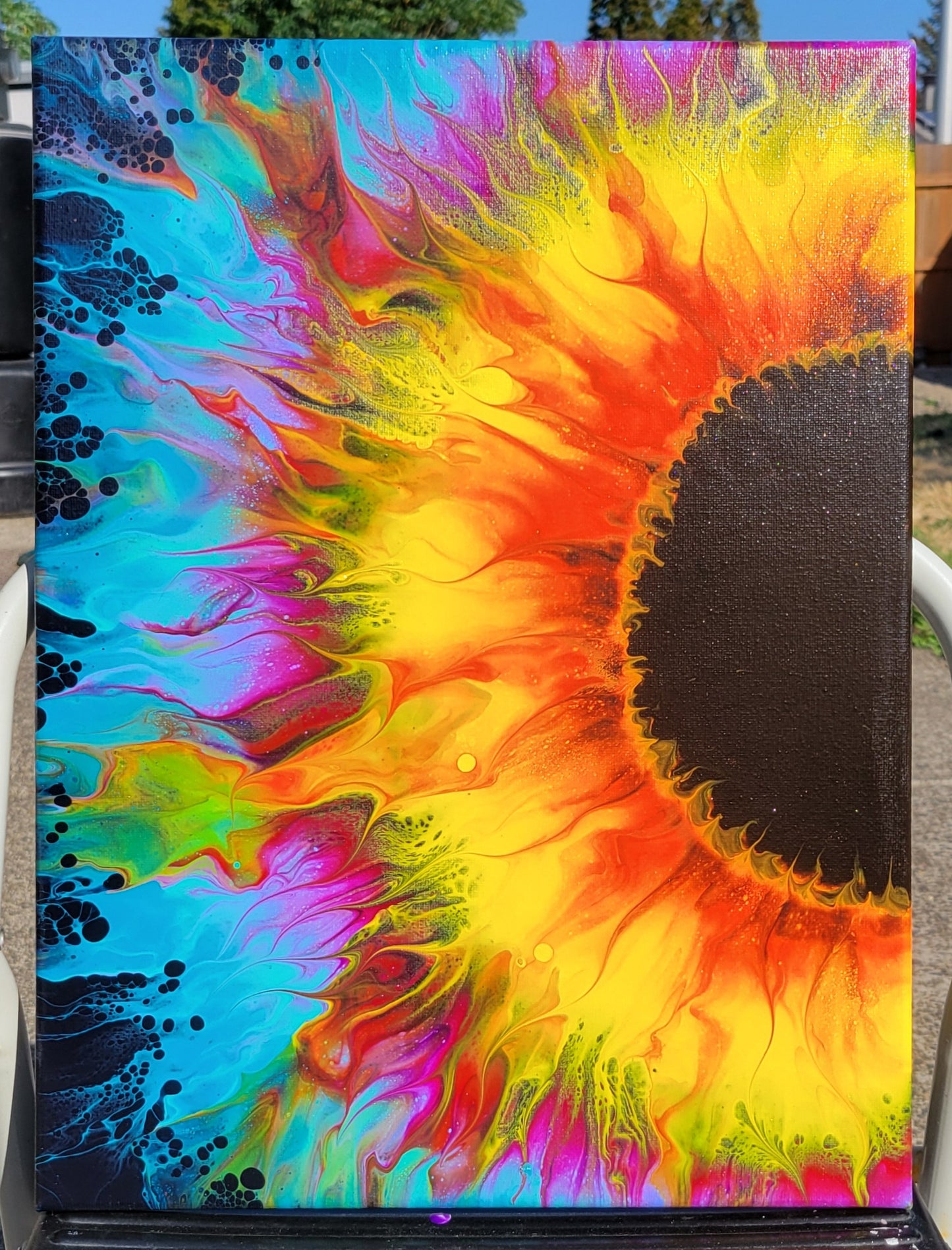 Original Fluid Art Sunflower Painting 12x16 inch Canvas