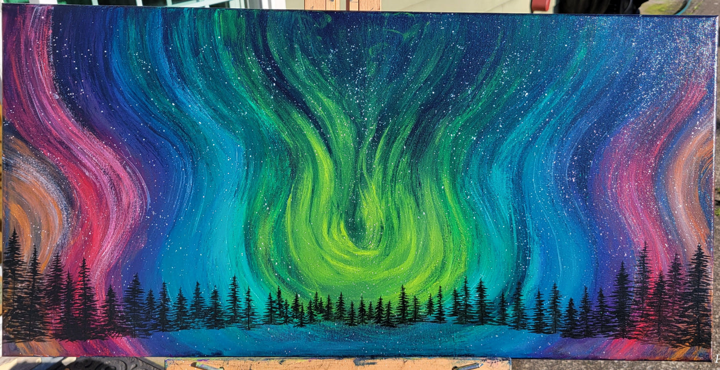 Original Northern Lights Acrylic Painting 15x30 inch