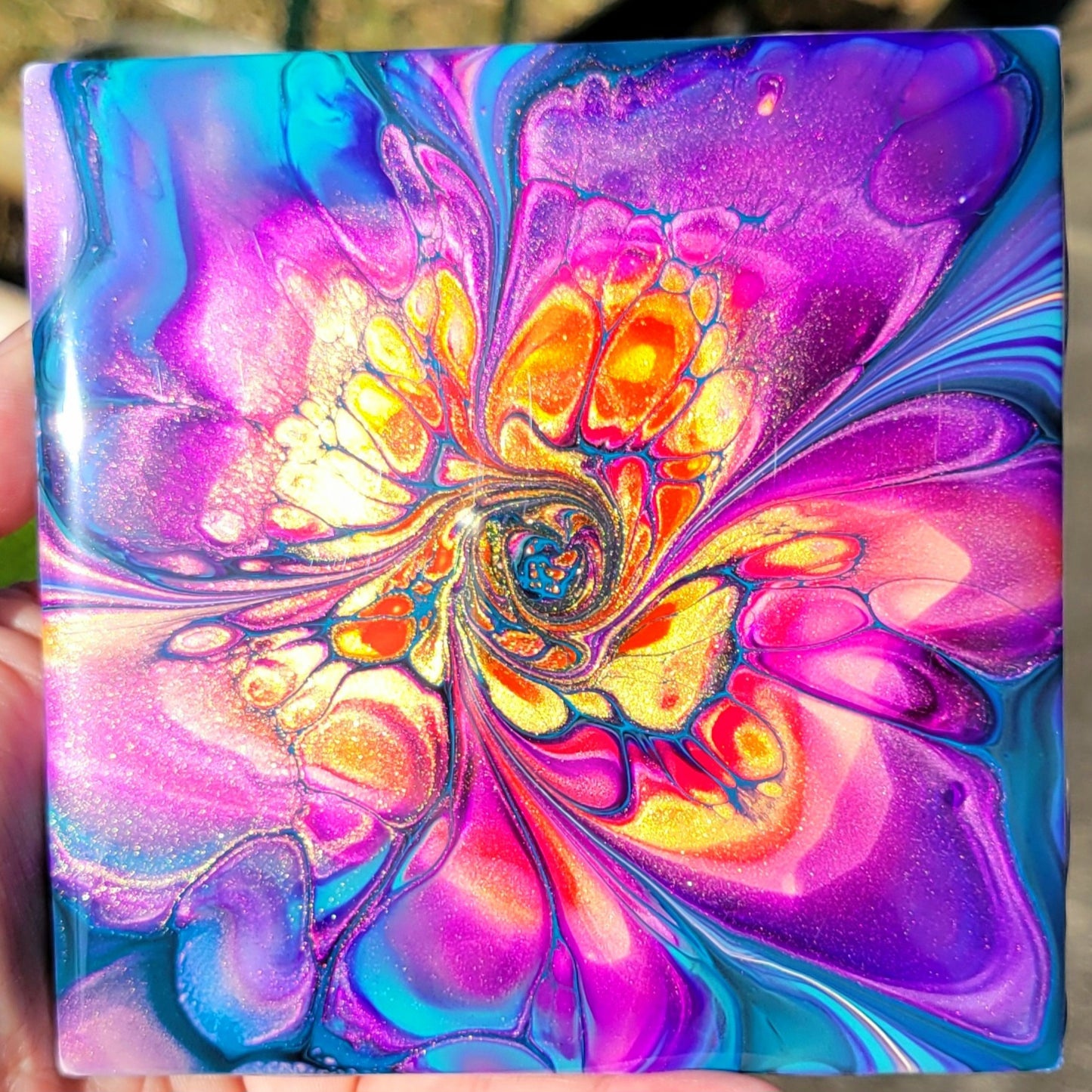 Fluid Art Bloom on 4.25 inch tile/Coaster with Cork Bottom