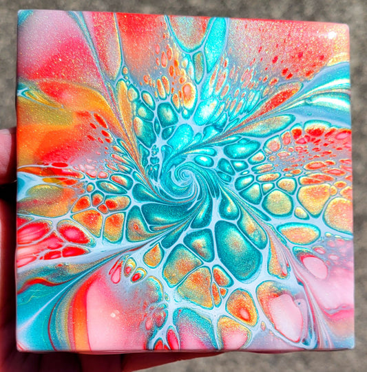 Fluid Art Bloom on a 4.25 inch Tile/Coaster with Cork Bottom