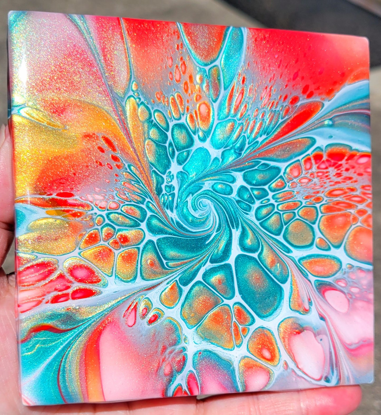 Fluid Art Bloom on a 4.25 inch Tile/Coaster with Cork Bottom