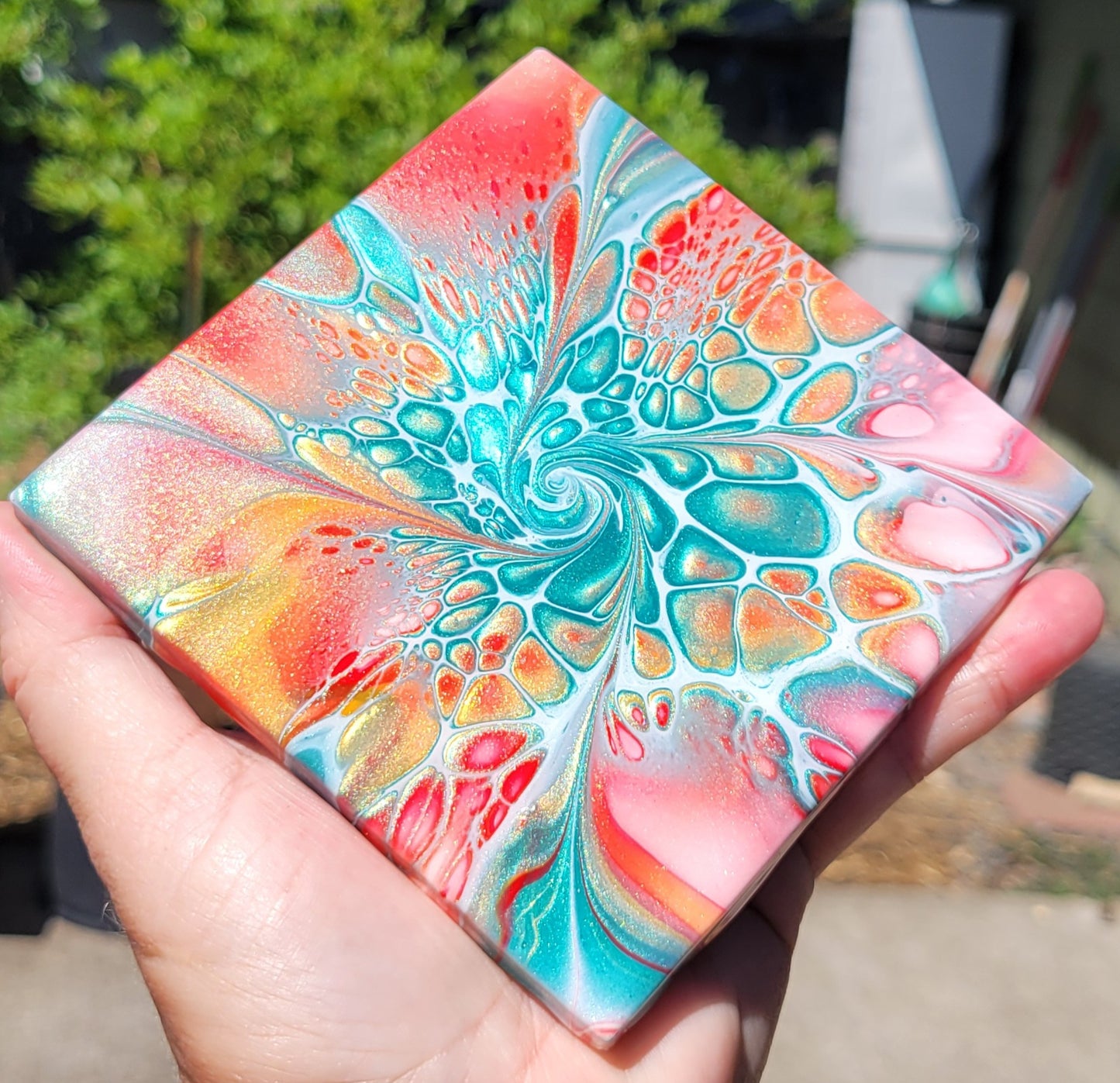 Fluid Art Bloom on a 4.25 inch Tile/Coaster with Cork Bottom