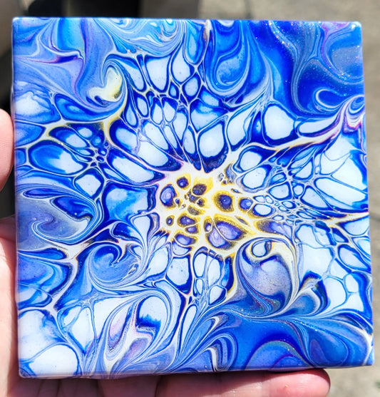 Fluid Art Bloom on a 4.25 inch Tile/Coaster with Cork Bottom