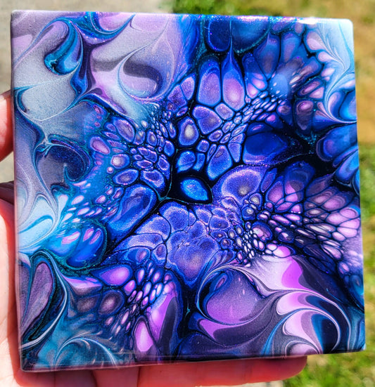 Fluid Art Bloom on a 4.25 inch Tile/Coaster with Cork Bottom