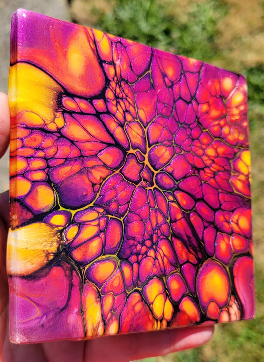 Fluid Art Bloom on a 4.25 inch Tile/Coaster with Cork Bottom