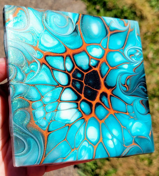 Fluid Art Bloom on a 4.25 inch Tile/Coaster with Cork Bottom