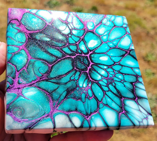 Fluid Art Bloom on a 4.25 inch Tile/Coaster with Cork Bottom