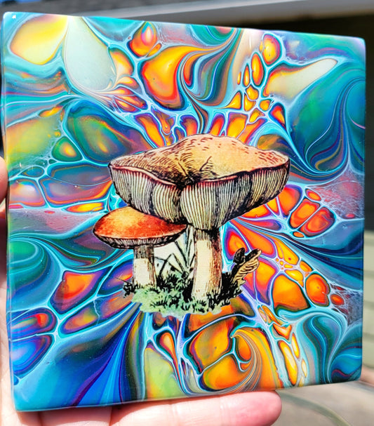 Fluid Art Bloom on a 4.25 inch Tile/Coaster with Cork Bottom
