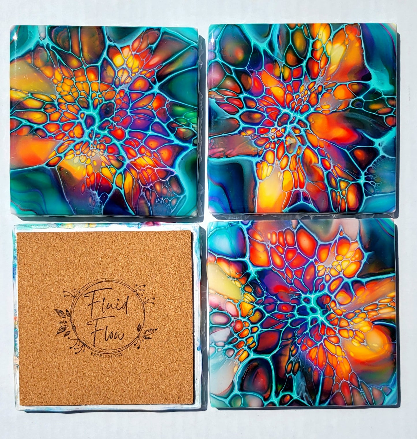 Handmade Fluid Art Tile Coasters Set of 4